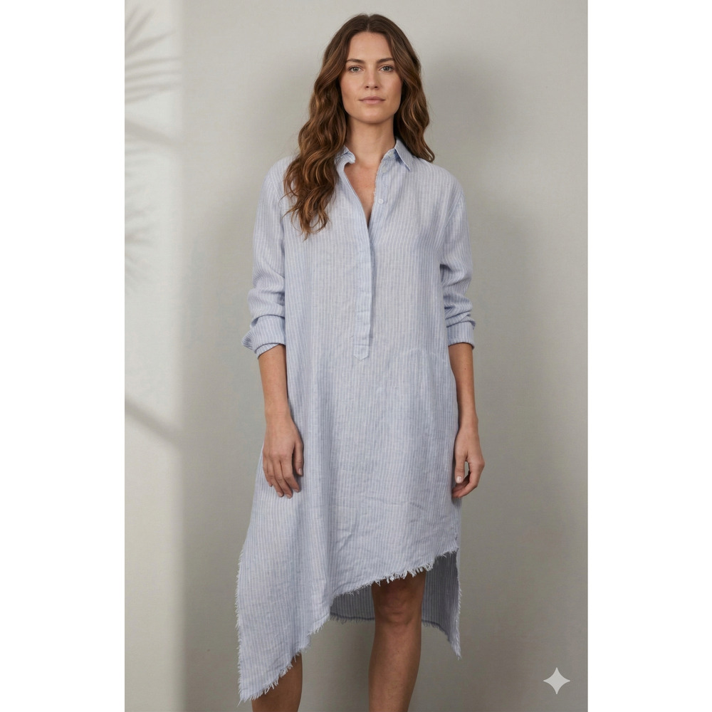 Frank & Eileen Drake Blue Pinstripe Asymmetrical Hem Shirt Dress, Small